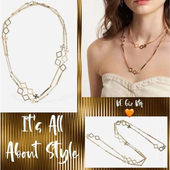 NWT Tory Burch Authentic Roxanne Geo Goldtone Long Geometric Links Necklace